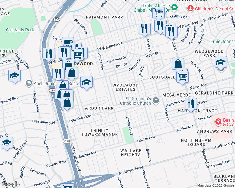 map of restaurants, bars, coffee shops, grocery stores, and more near 2900 Dora Place in Midland