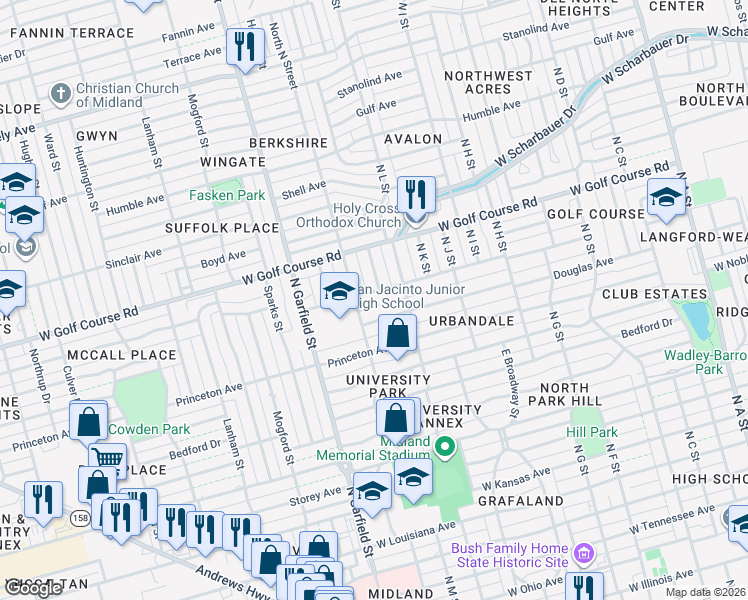 map of restaurants, bars, coffee shops, grocery stores, and more near 2011 East County Road 138 in Midland