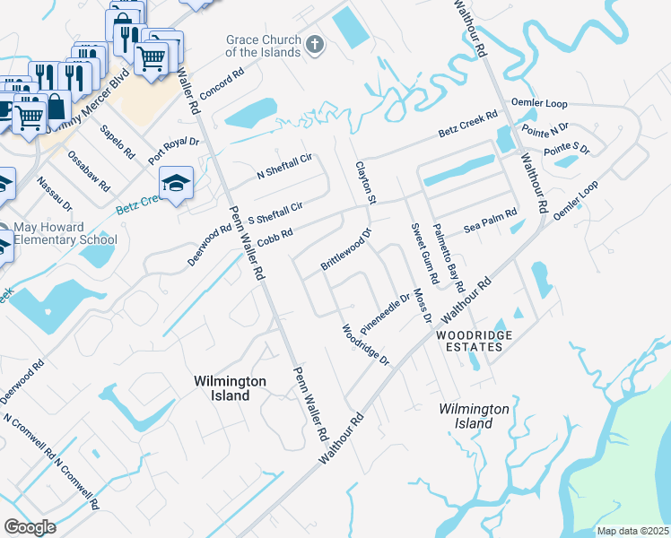 map of restaurants, bars, coffee shops, grocery stores, and more near 1021 Brittlewood Drive in Savannah