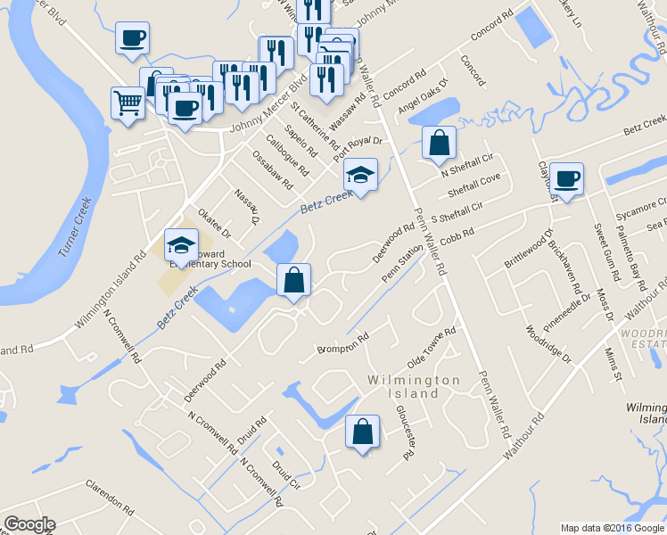 map of restaurants, bars, coffee shops, grocery stores, and more near 46 Deerwood Road in Savannah