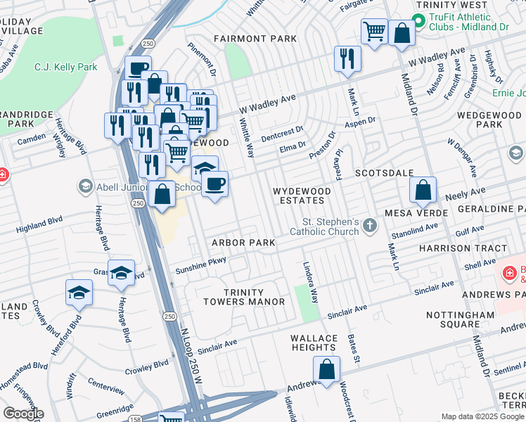 map of restaurants, bars, coffee shops, grocery stores, and more near 2905 Whittle Way in Midland