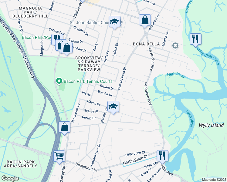 map of restaurants, bars, coffee shops, grocery stores, and more near 2425 Riviera Drive in Savannah