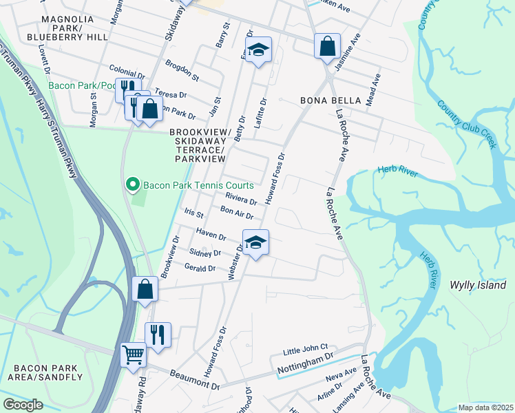 map of restaurants, bars, coffee shops, grocery stores, and more near 2425 Riviera Drive in Savannah