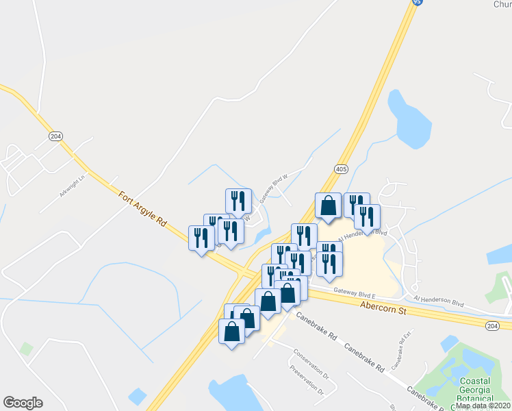 map of restaurants, bars, coffee shops, grocery stores, and more near 49-67 Gateway Boulevard West in Savannah