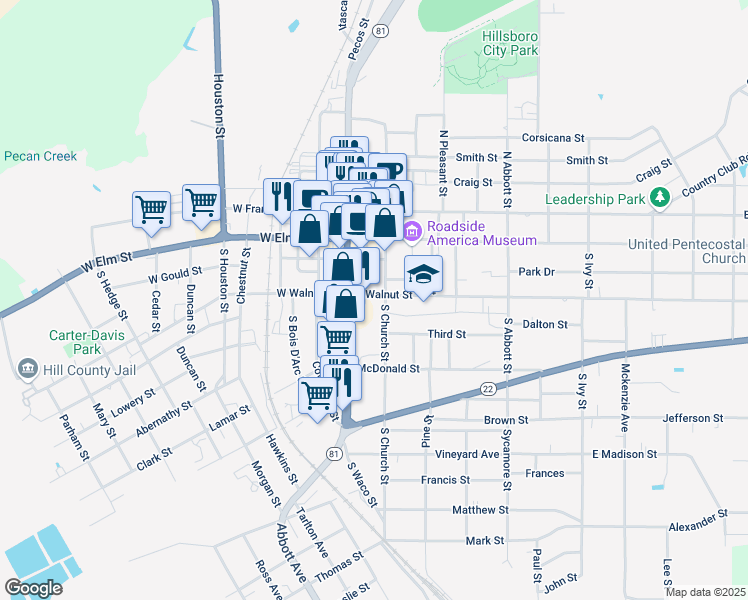 map of restaurants, bars, coffee shops, grocery stores, and more near 106 East Walnut Street in Hillsboro