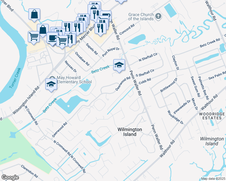 map of restaurants, bars, coffee shops, grocery stores, and more near 32 Deerwood Road in Savannah