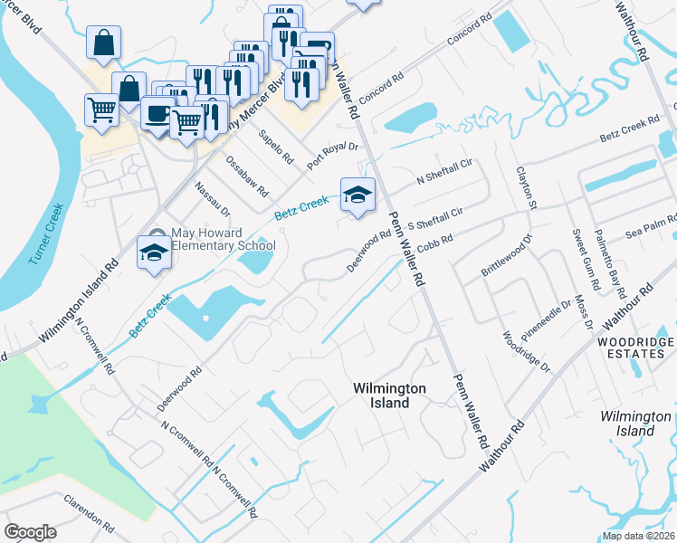 map of restaurants, bars, coffee shops, grocery stores, and more near 32 Deerwood Road in Savannah