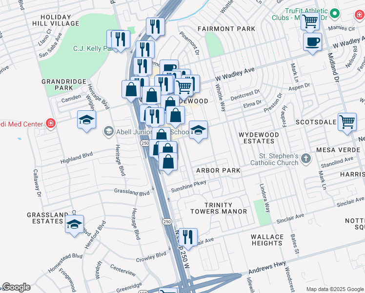 map of restaurants, bars, coffee shops, grocery stores, and more near 2907 Sunburst Dr in Midland