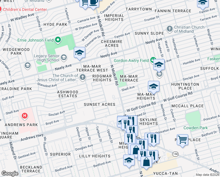 map of restaurants, bars, coffee shops, grocery stores, and more near 1915 North Midkiff Road in Midland
