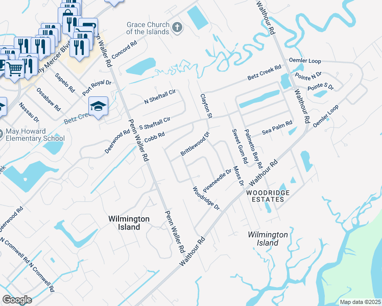 map of restaurants, bars, coffee shops, grocery stores, and more near 1021 Brittlewood Drive in Savannah