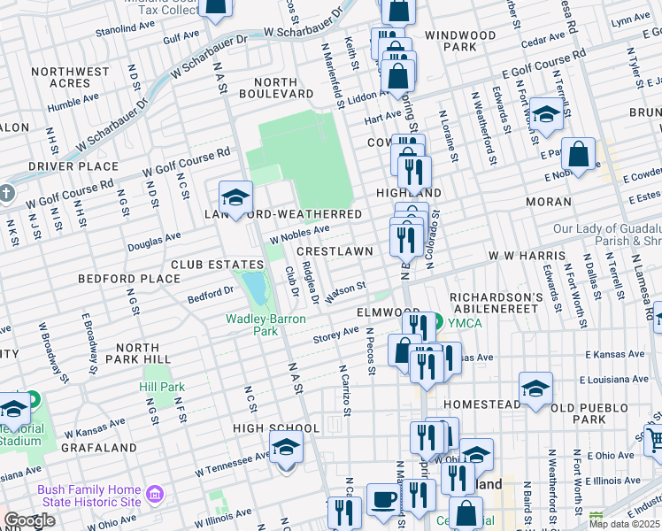 map of restaurants, bars, coffee shops, grocery stores, and more near 610 West Estes Avenue in Midland