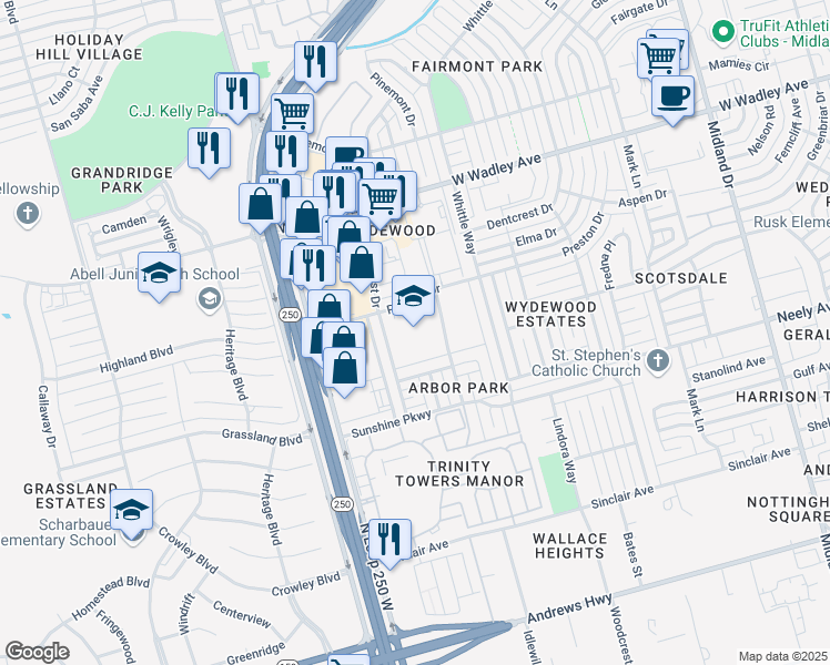 map of restaurants, bars, coffee shops, grocery stores, and more near 5001 Preston Drive in Midland