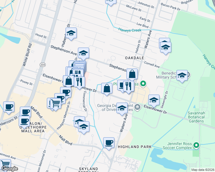 map of restaurants, bars, coffee shops, grocery stores, and more near 301 Noble Oaks Drive in Savannah