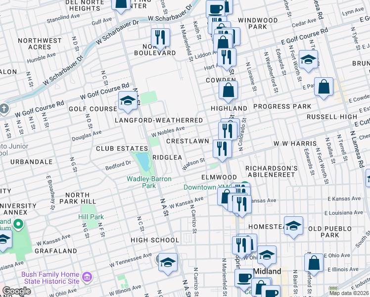 map of restaurants, bars, coffee shops, grocery stores, and more near 610 West Estes Avenue in Midland