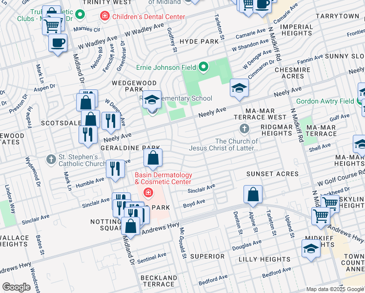 map of restaurants, bars, coffee shops, grocery stores, and more near 3611 Stanolind Ave in Midland