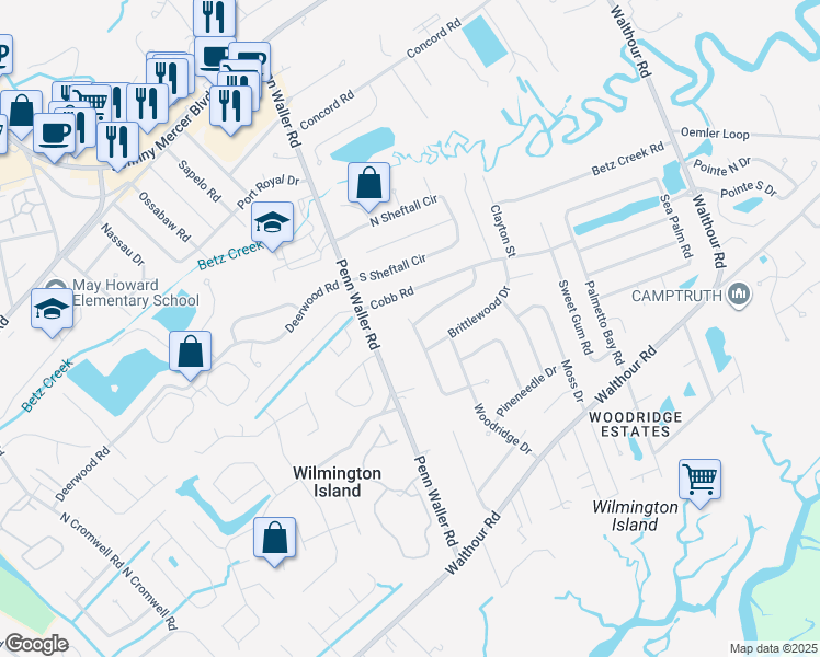 map of restaurants, bars, coffee shops, grocery stores, and more near 706 Penn Waller Road in Savannah