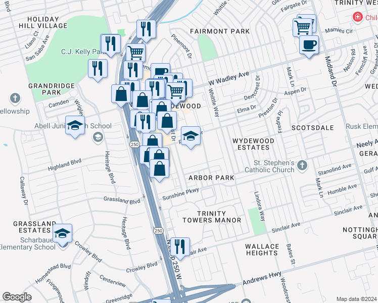 map of restaurants, bars, coffee shops, grocery stores, and more near 5001 Preston Drive in Midland