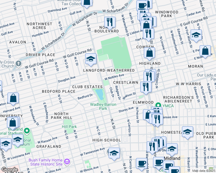 map of restaurants, bars, coffee shops, grocery stores, and more near 205 Club Drive in Midland