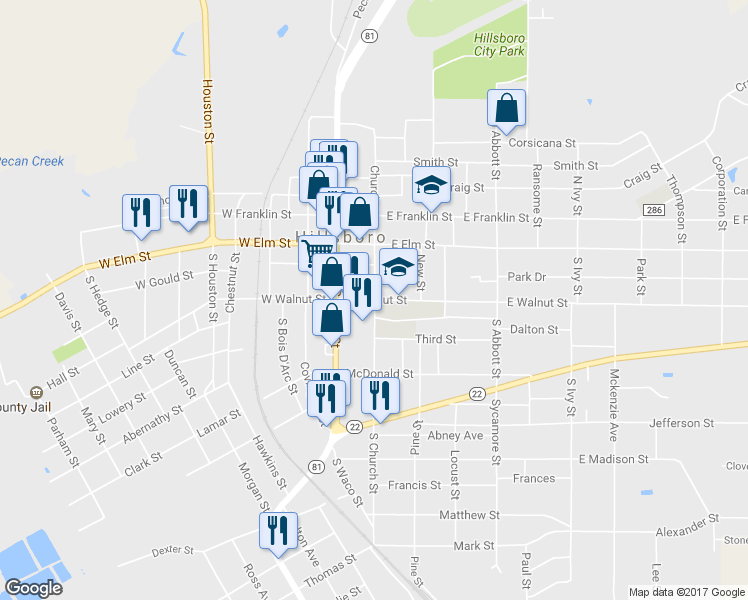 map of restaurants, bars, coffee shops, grocery stores, and more near 210 East Walnut Street in Hillsboro