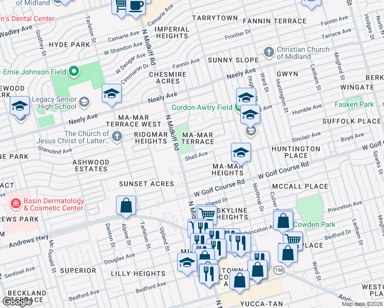 map of restaurants, bars, coffee shops, grocery stores, and more near 3200 Shell Avenue in Midland