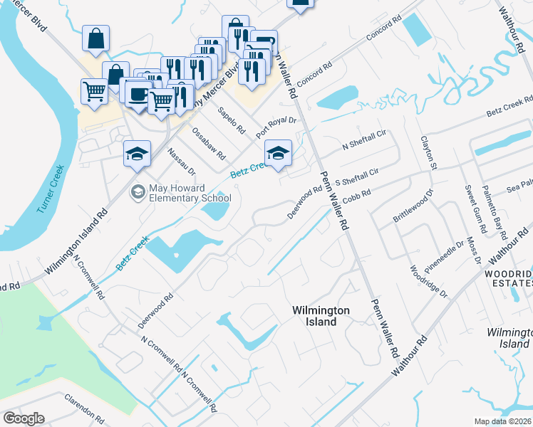 map of restaurants, bars, coffee shops, grocery stores, and more near 121 Saint Andrews Way in Savannah