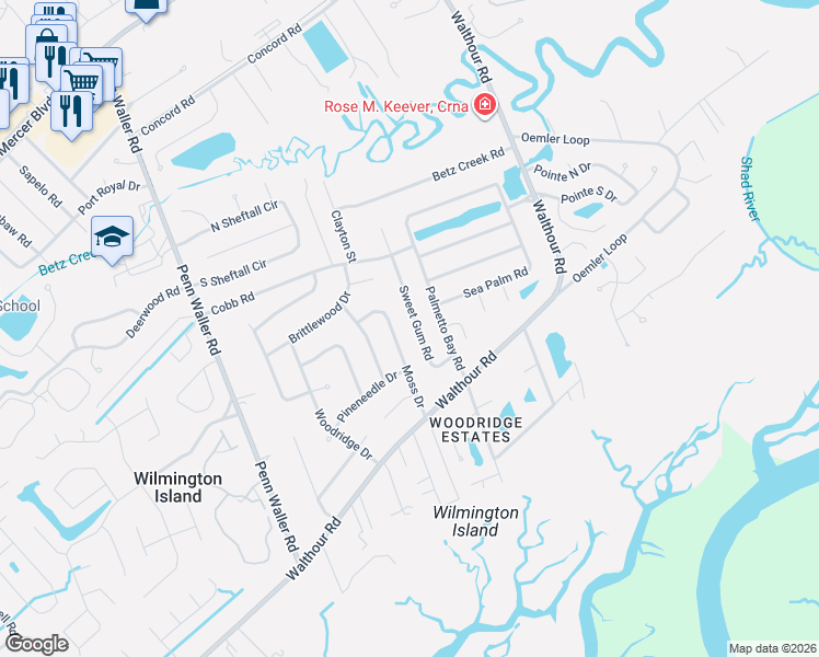 map of restaurants, bars, coffee shops, grocery stores, and more near 126 Sweet Gum Road in Savannah