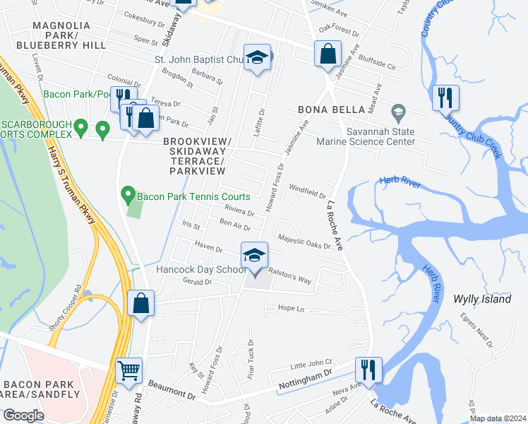 map of restaurants, bars, coffee shops, grocery stores, and more near 6103 Howard Foss Drive in Savannah