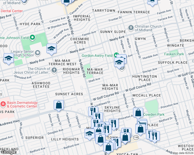 map of restaurants, bars, coffee shops, grocery stores, and more near 3200 Shell Avenue in Midland