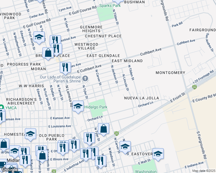 map of restaurants, bars, coffee shops, grocery stores, and more near 900-998 North Adams Street in Midland