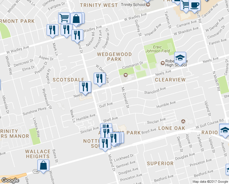 map of restaurants, bars, coffee shops, grocery stores, and more near 3808 Stanolind Avenue in Midland