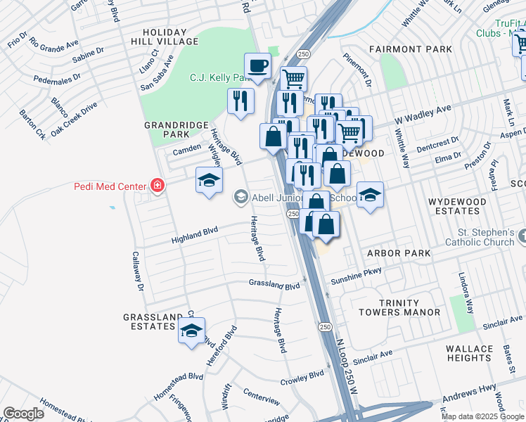 map of restaurants, bars, coffee shops, grocery stores, and more near 5509 Sterling Court in Midland