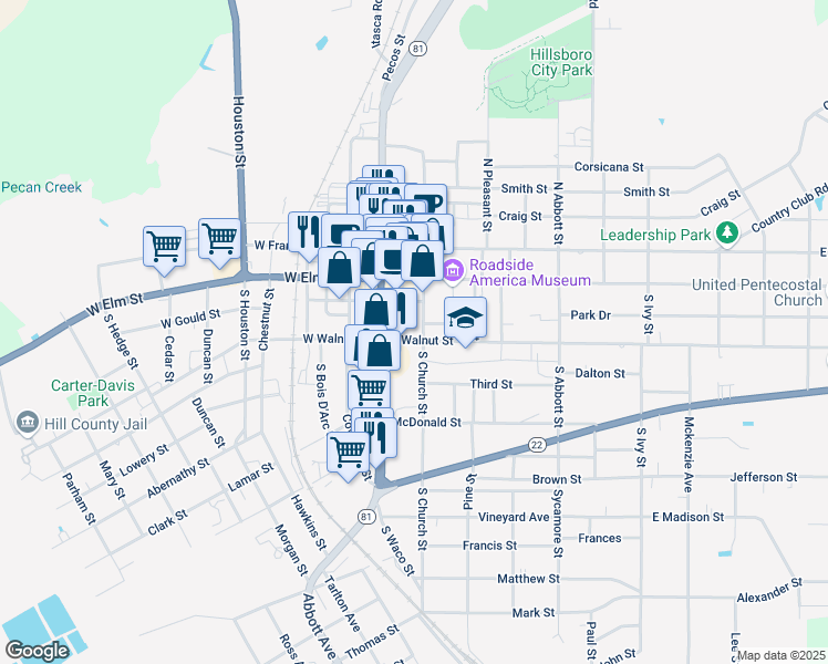 map of restaurants, bars, coffee shops, grocery stores, and more near 106 East Walnut Street in Hillsboro