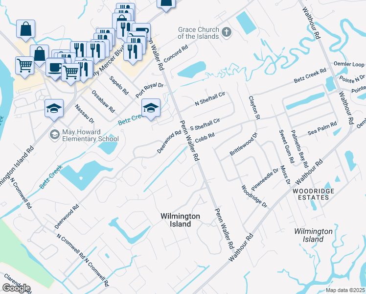 map of restaurants, bars, coffee shops, grocery stores, and more near 105 Penn Station in Savannah