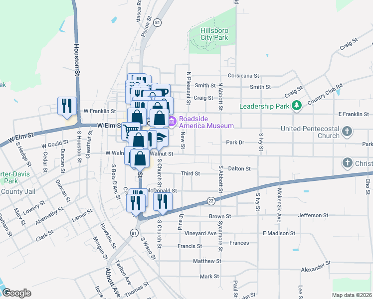 map of restaurants, bars, coffee shops, grocery stores, and more near 225 East Walnut Street in Hillsboro