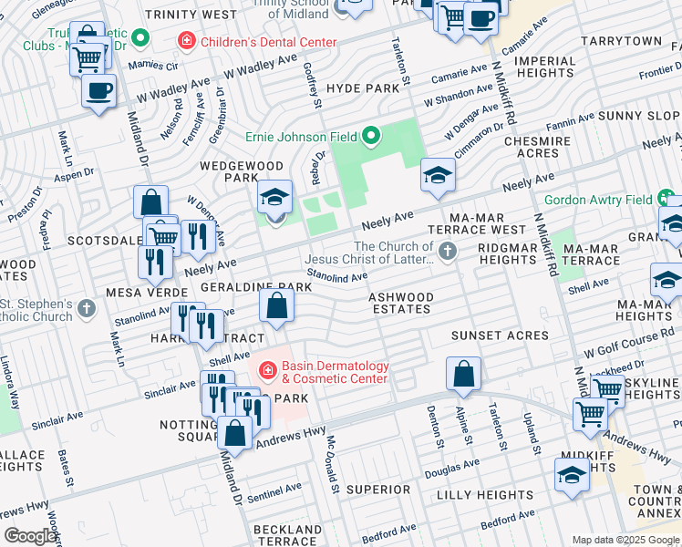 map of restaurants, bars, coffee shops, grocery stores, and more near 3611 Stanolind Avenue in Midland