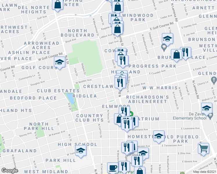 map of restaurants, bars, coffee shops, grocery stores, and more near 510 West Estes Avenue in Midland