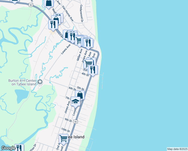 map of restaurants, bars, coffee shops, grocery stores, and more near 404 U.S. 80 in Tybee Island