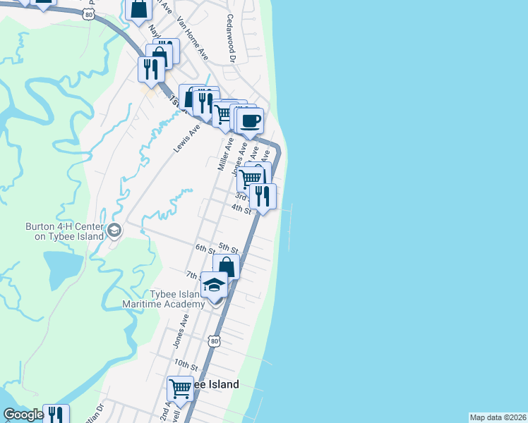 map of restaurants, bars, coffee shops, grocery stores, and more near 404 U.S. 80 in Tybee Island
