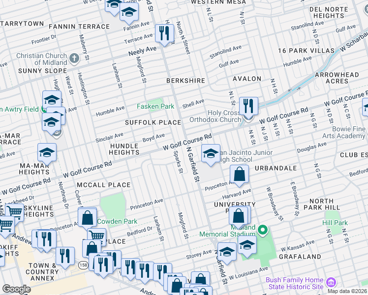 map of restaurants, bars, coffee shops, grocery stores, and more near 1602 North Garfield Street in Midland
