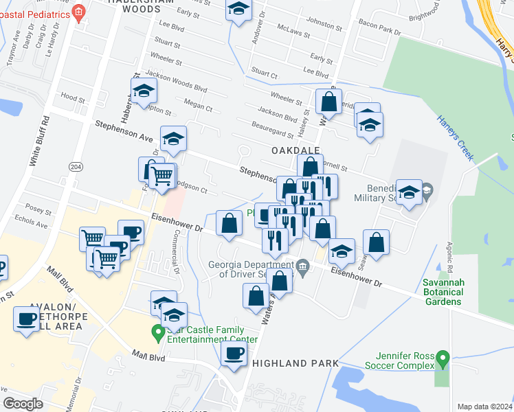 map of restaurants, bars, coffee shops, grocery stores, and more near 6815 Waters Avenue in Savannah