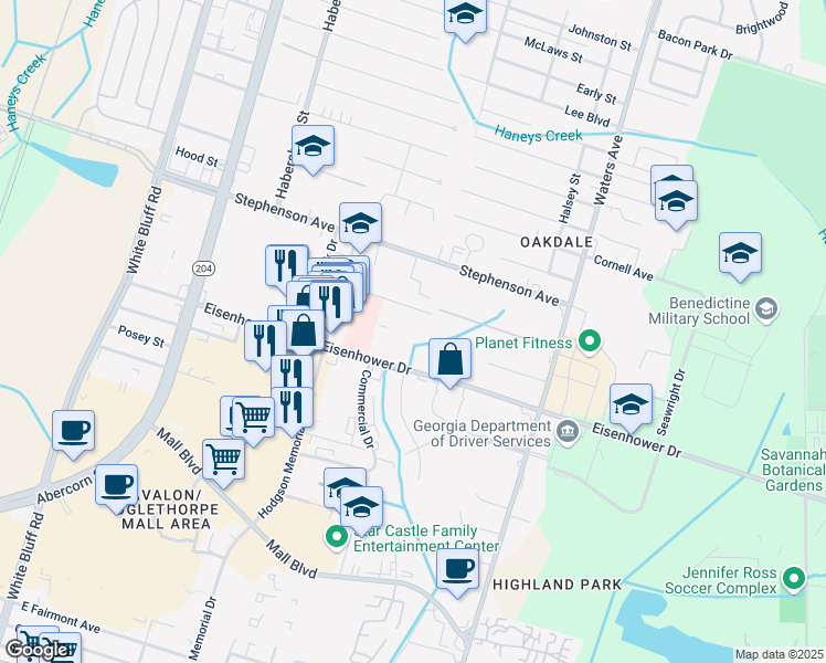 map of restaurants, bars, coffee shops, grocery stores, and more near Eisenhower Drive in Savannah