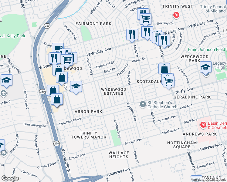 map of restaurants, bars, coffee shops, grocery stores, and more near 4705 Cindy Place in Midland