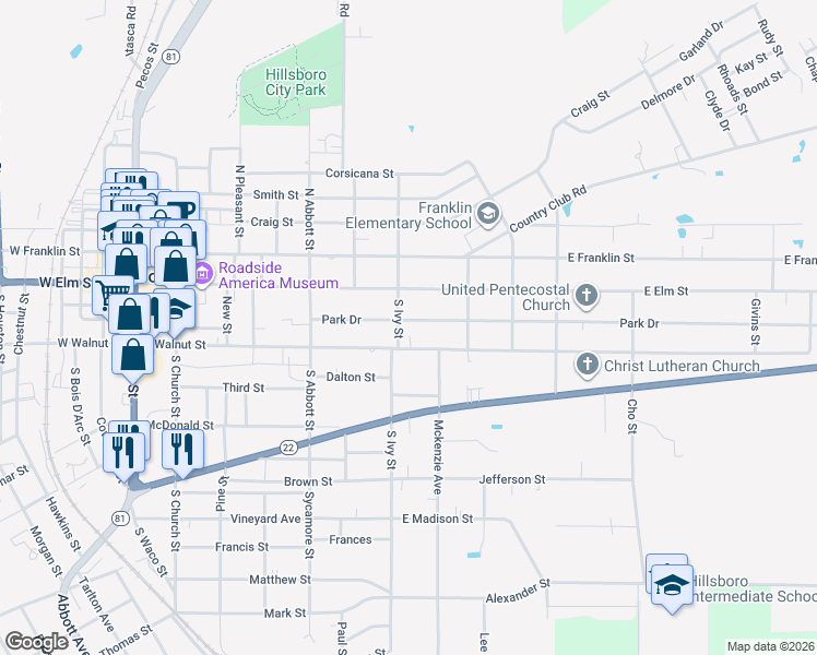 map of restaurants, bars, coffee shops, grocery stores, and more near 609 Park Drive in Hillsboro