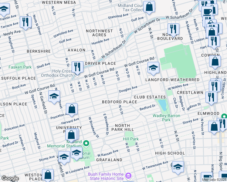 map of restaurants, bars, coffee shops, grocery stores, and more near 1401 Community Lane in Midland