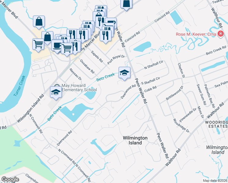 map of restaurants, bars, coffee shops, grocery stores, and more near 104 Saint Andrews Way in Savannah