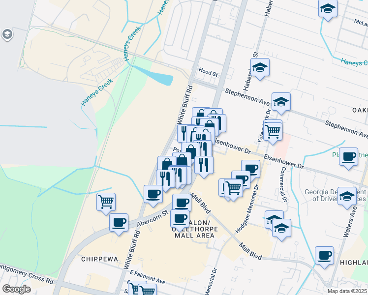 map of restaurants, bars, coffee shops, grocery stores, and more near 2-98 Douglas Street in Savannah
