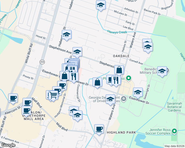 map of restaurants, bars, coffee shops, grocery stores, and more near 330 Hodgson Ct in Savannah