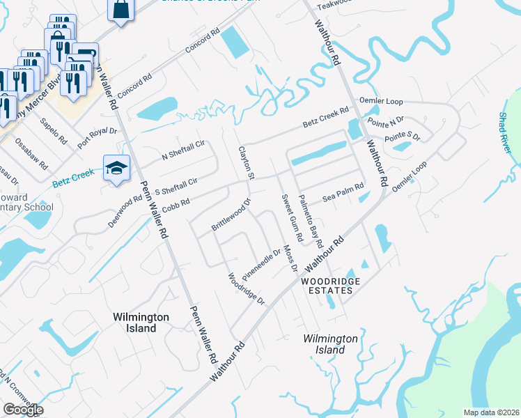 map of restaurants, bars, coffee shops, grocery stores, and more near 1 Brittlewood Court in Savannah