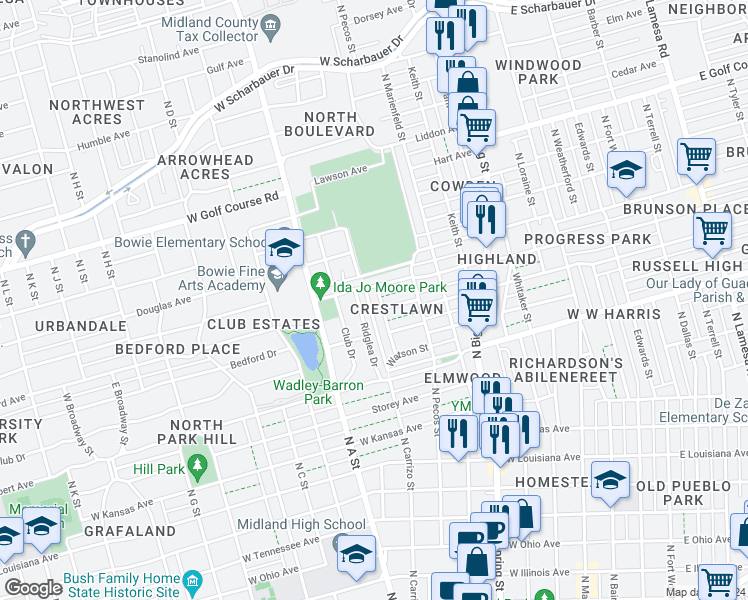 map of restaurants, bars, coffee shops, grocery stores, and more near 618-630 West Nobles Avenue in Midland