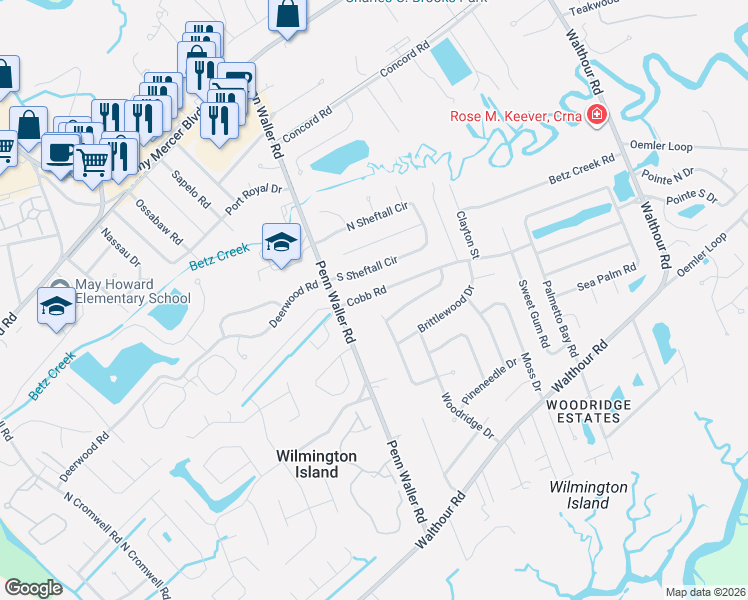 map of restaurants, bars, coffee shops, grocery stores, and more near 1109 Cobb Road in Savannah